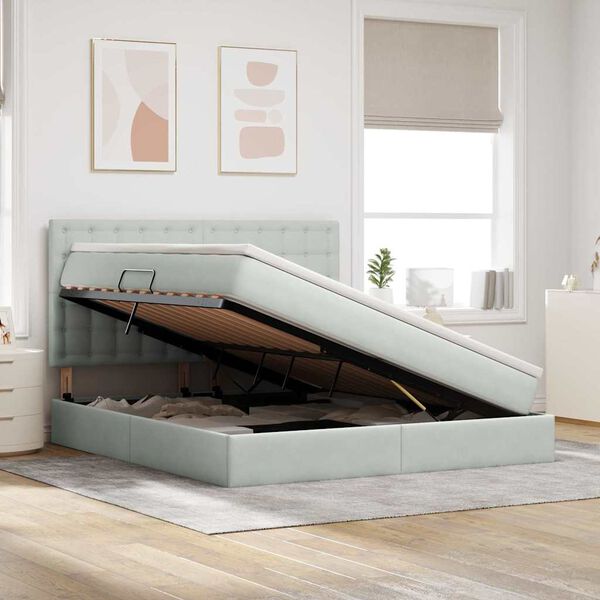 vidaXL Pat cu saltea și spațiu de depozitare Gri deschis 180 x 200 cm