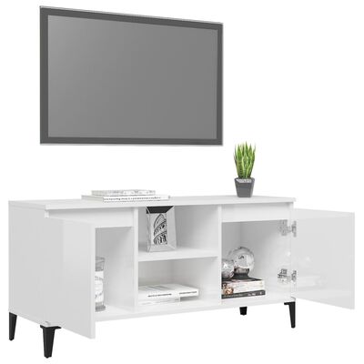 vidaXL Comodă TV cu picioare metalice, alb extralucios, 103,5x35x50 cm