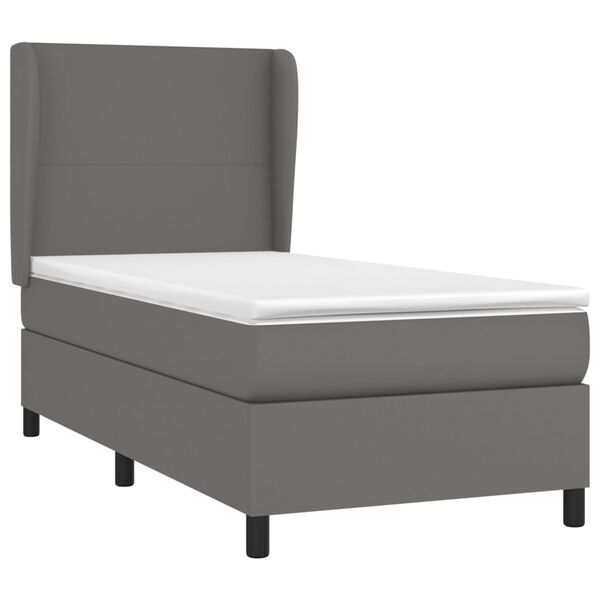 vidaXL Pat box spring cu saltea, gri, 90x190 cm, piele ecologică