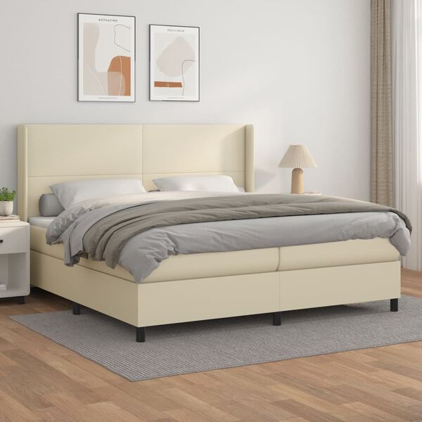 vidaXL Pat continental cu saltea, crem, 200x200 cm, piele ecologică
