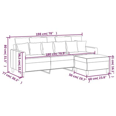 vidaXL Canapea cu 3 locuri și taburet, gri deschis, 180 cm, catifea