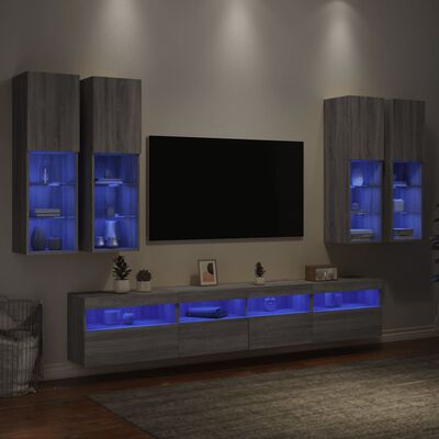 vidaXL Comode TV de perete cu lumini LED, 7 piese, gri sonoma