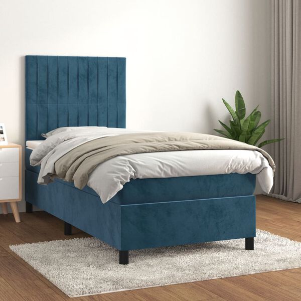vidaXL Pat box spring cu saltea, albastru &icirc;nchis, 90x190 cm, catifea