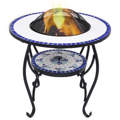 vidaXL Masă cu vatră de foc, mozaic albastru și alb, 68 cm, ceramică