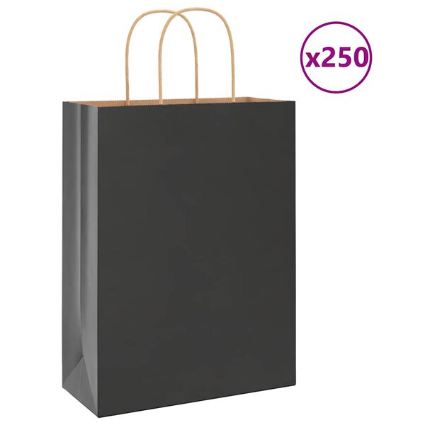 vidaXL Pungi de h&acirc;rtie 250 buc cu m&acirc;nere negre 26x12x35 cm