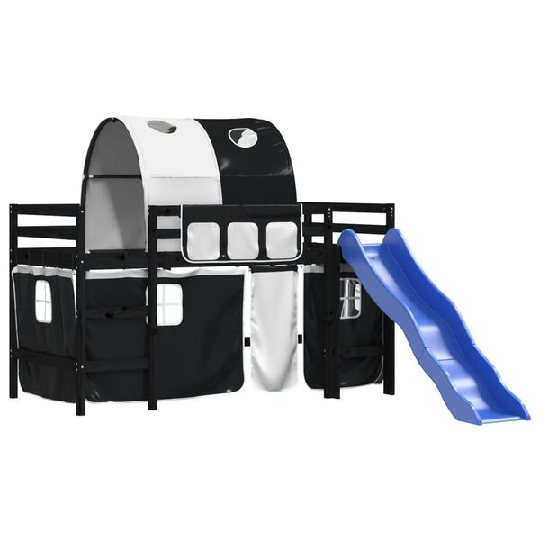vidaXL Pat etajat de copii cu tunel alb/negru 90x190 cm lemn masiv pin