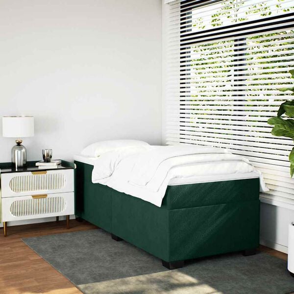 vidaXL Pat box spring cu saltea, verde &icirc;nchis, 90x190 cm, catifea
