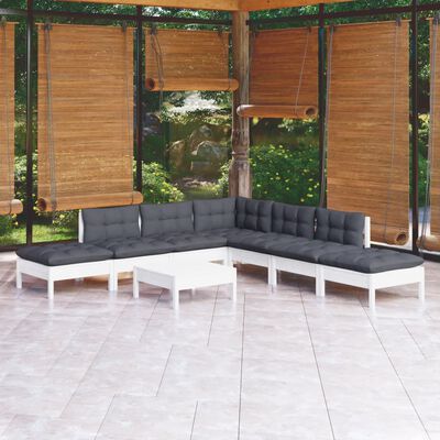 vidaXL Set mobilier de grădină cu perne, 8 piese, alb, lemn de pin
