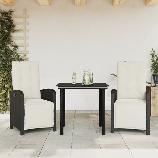 vidaXL Set bistro cu perne, 3 piese, negru, poliratan