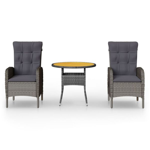 vidaXL Set bistro de grădină, 3 piese, gri, poliratan