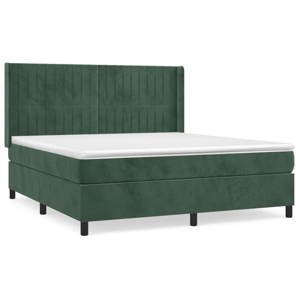 vidaXL Pat box spring cu saltea, verde &icirc;nchis, 180x200 cm, catifea