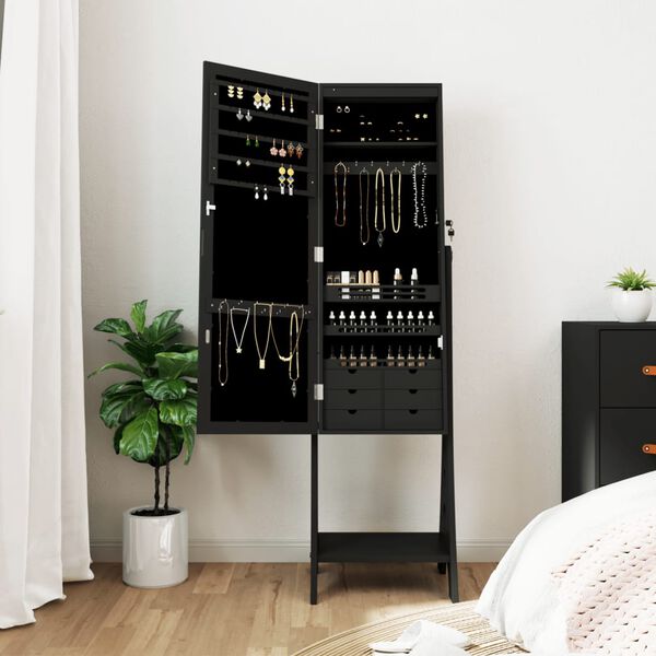 vidaXL Dulap autonom de bijuterii, cu oglindă și lumini LED, negru