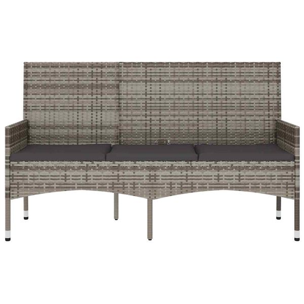 vidaXL Bancă de grădină cu 3 locuri, cu perne, gri, poliratan