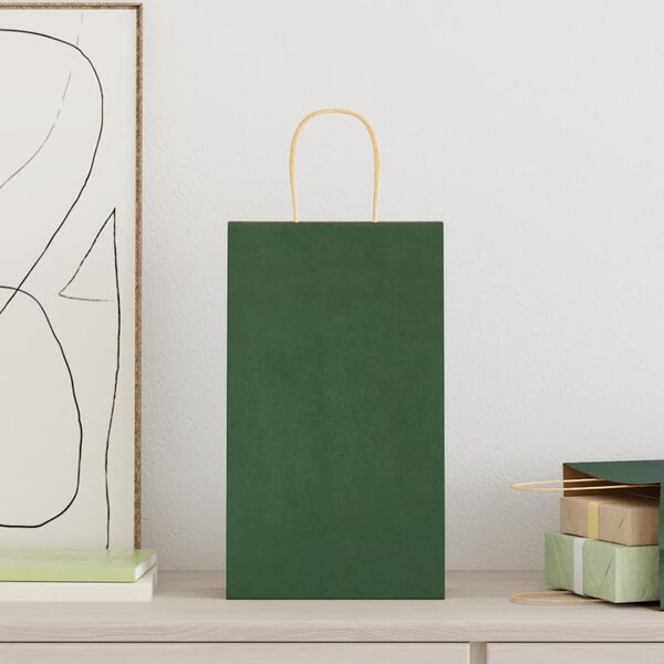 vidaXL Pungi de h&acirc;rtie 50 buc cu m&acirc;nere verde 21x11x36 cm