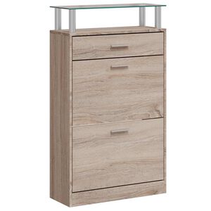 vidaXL Pantofar cu sertar și un raft din sticlă, lemn, aspect stejar