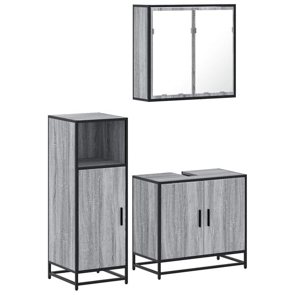 vidaXL Set mobilier de baie, 3 piese, gri sonoma, lemn prelucrat