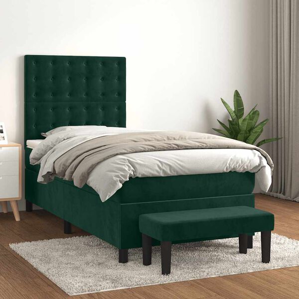 vidaXL Pat box spring cu saltea, verde &icirc;nchis, 80x200 cm, catifea