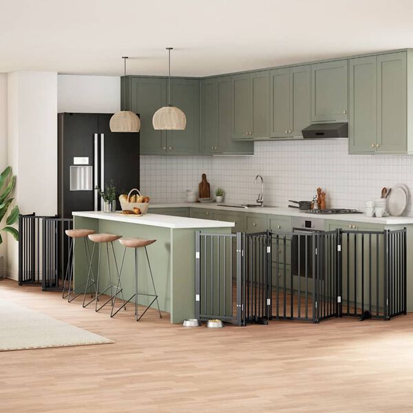 vidaXL Poartă c&acirc;ini pliabilă cu ușă 12 panouri negru 600 cm, lemn plop