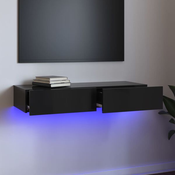 vidaXL Comodă TV cu lumini LED, negru extralucios, 90x35x15,5 cm