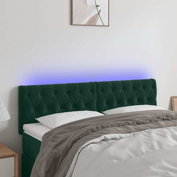 vidaXL Tăblie de pat cu LED, verde &icirc;nchis, 160x7x78/88 cm, catifea