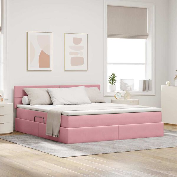 vidaXL Pat cu storage cu saltea cu headboard Roz 160 x 200 cm Catifea