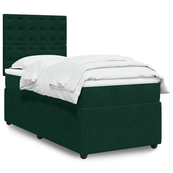 vidaXL Pat box spring cu saltea, verde &icirc;nchis, 100x200 cm, catifea