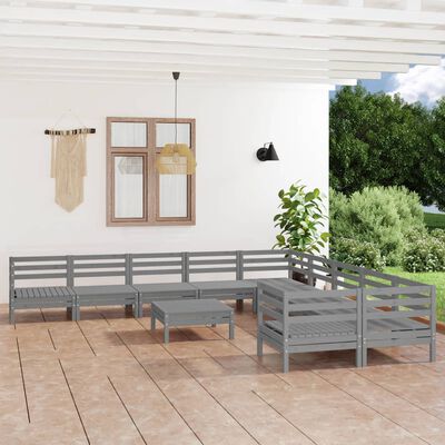 vidaXL Set mobilier relaxare de grădină, 11 piese, gri, lemn masiv pin