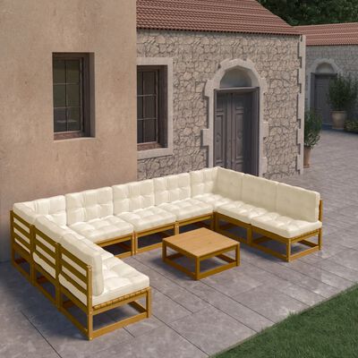 vidaXL Set mobilier grădină perne, 10 piese, maro miere lemn masiv pin