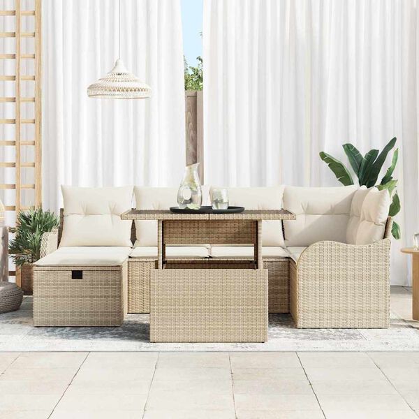 vidaXL Set de canapele pentru grădină cu pernă 7 pcs Bej Rattan poli