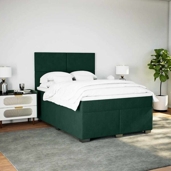 vidaXL Pat box spring cu saltea, verde &icirc;nchis, 140x190 cm, catifea