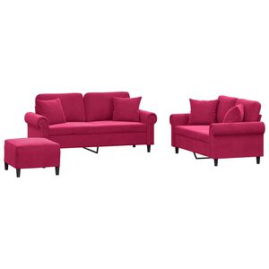 vidaXL Set canapele cu perne, 3 piese, roșu vin, catifea