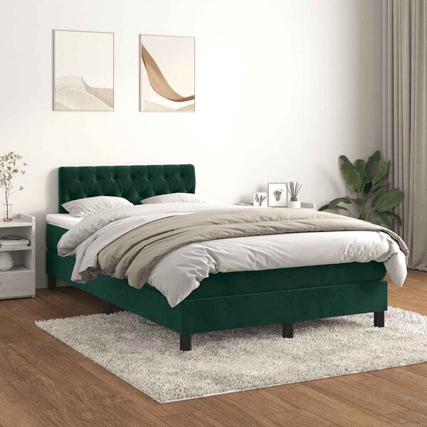 vidaXL Pat box spring cu saltea, verde &icirc;nchis, 120x200 cm, catifea