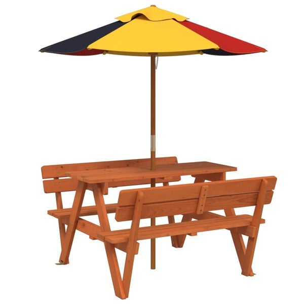 vidaXL Masă de picnic pentru 4 copii, cu umbrelă, lemn masiv brad