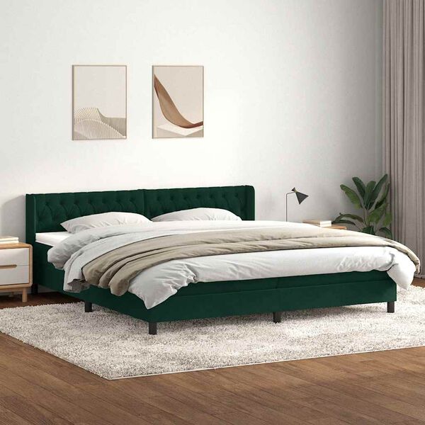 vidaXL Pat box spring cu saltea, verde &icirc;nchis, 200x210 cm, catifea