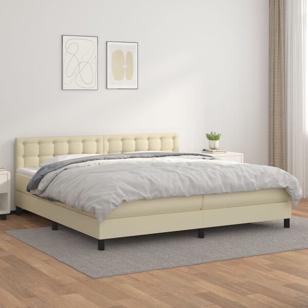 vidaXL Pat continental cu saltea, crem, 200x200 cm, piele ecologică