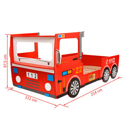 vidaXL Pat pentru copii mașină de pompieri 200 x 90 cm, roșu