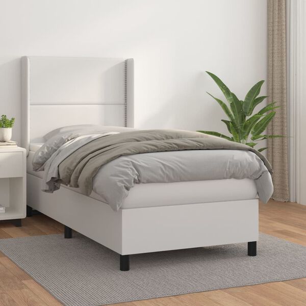 vidaXL Pat box spring cu saltea, alb, 90x200 cm, piele ecologică