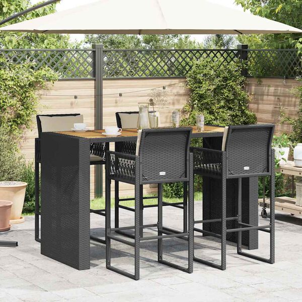 vidaXL Set mobilier bar de grădină cu perne, 5 piese, negru, poliratan