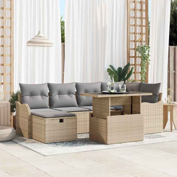 vidaXL Set de canapele pentru grădină cu pernă 7 pcs Bej Rattan poli