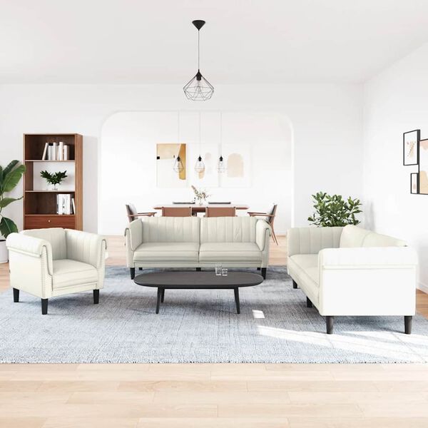 vidaXL Set de canapele, 3 piese, crem, catifea