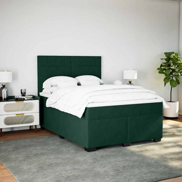 vidaXL Pat box spring cu saltea, verde &icirc;nchis, 140x200 cm, catifea