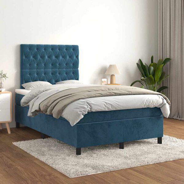vidaXL Pat box spring cu saltea, albastru &icirc;nchis, 120x190 cm, catifea