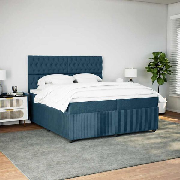 vidaXL Pat box spring cu saltea, albastru &icirc;nchis, 200x200 cm, catifea