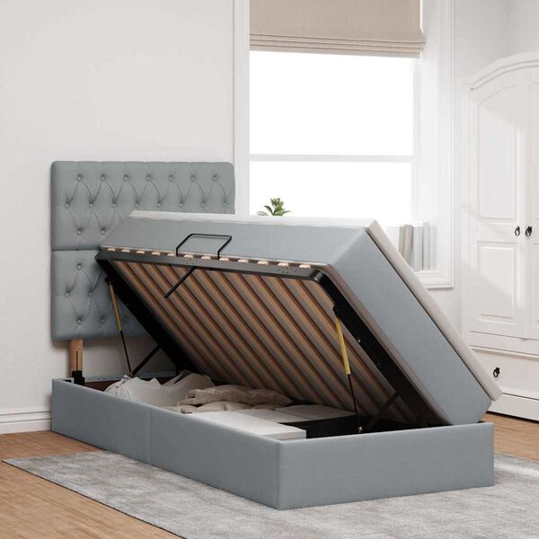 vidaXL Pat cu saltea și spațiu de depozitare Gri deschis 90 x 200 cm