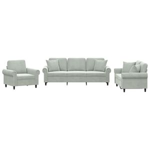 vidaXL Set de canapele, 3 piese, cu perne, gri deschis, catifea