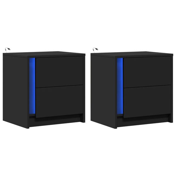 vidaXL Noptiere cu lumini LED, 2 buc., negru, lemn prelucrat