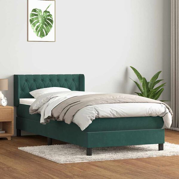vidaXL Pat box spring cu saltea, verde &icirc;nchis, 100x210 cm, catifea