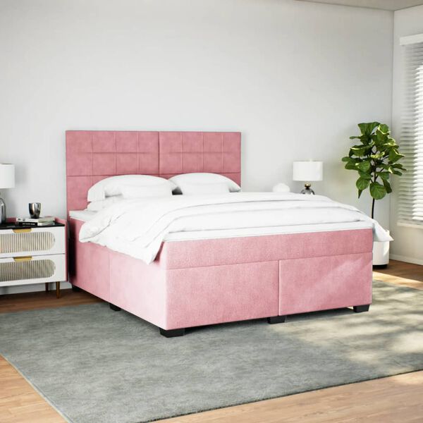 vidaXL Pat box spring cu saltea, roz, 200x200 cm, catifea