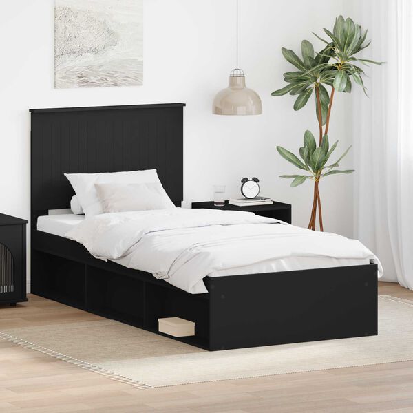 vidaXL Cadru de pat cu headboard Negru 90 x 190 cm Lemn de pin masiv