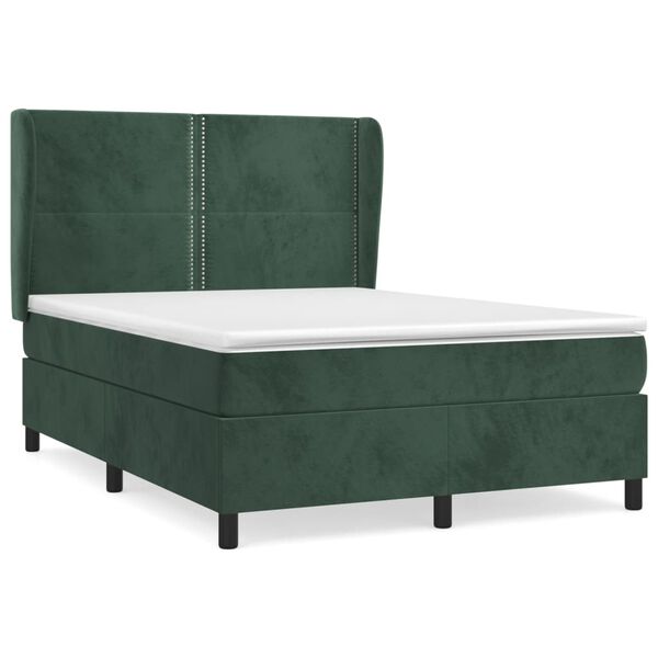 vidaXL Pat box spring cu saltea, verde &icirc;nchis, 140x200 cm, catifea